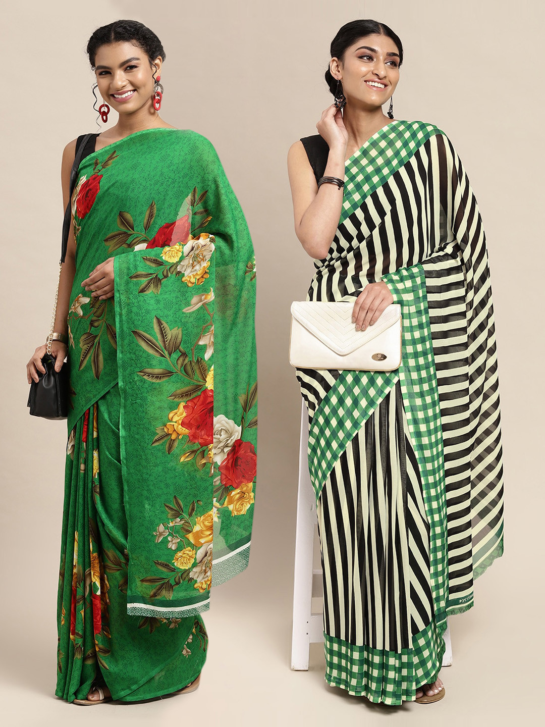 

KALINI Pack Of 2 Green & Red Floral Printed Saree