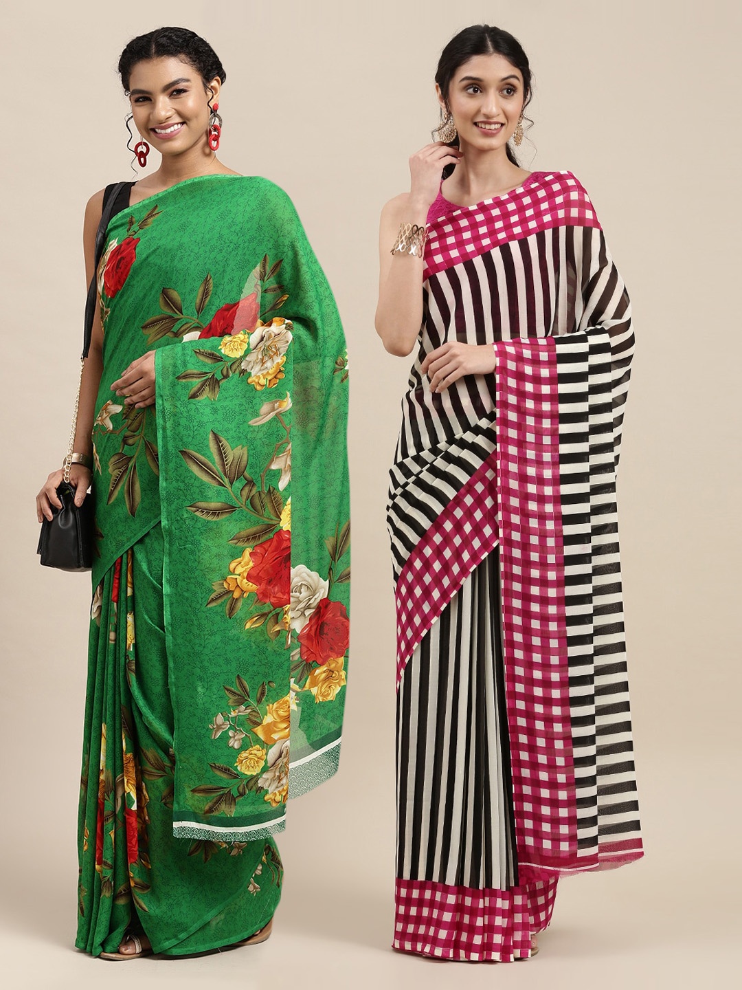 

KALINI Pack of 2 Green & White Printed Sarees