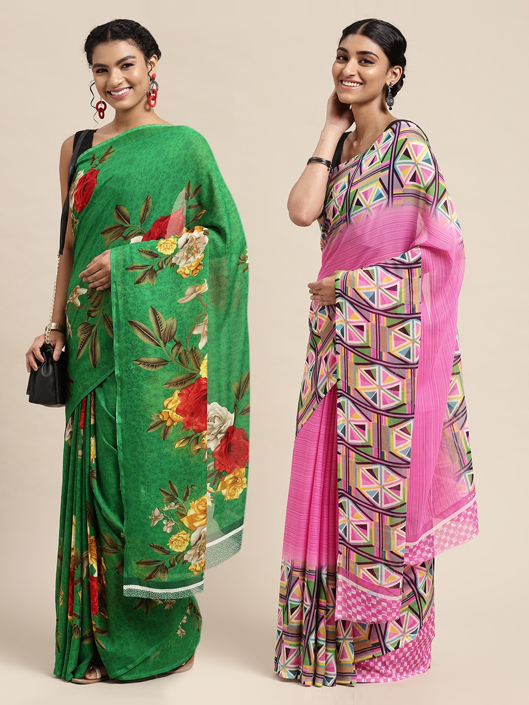 

KALINI Pack Of 2 Green & Red Floral Saree