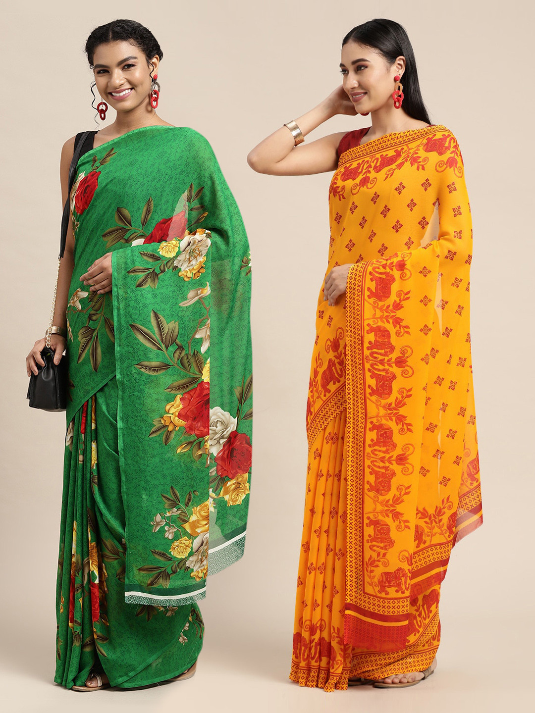 

KALINI Set Of 2 Green & Yellow Floral Saree