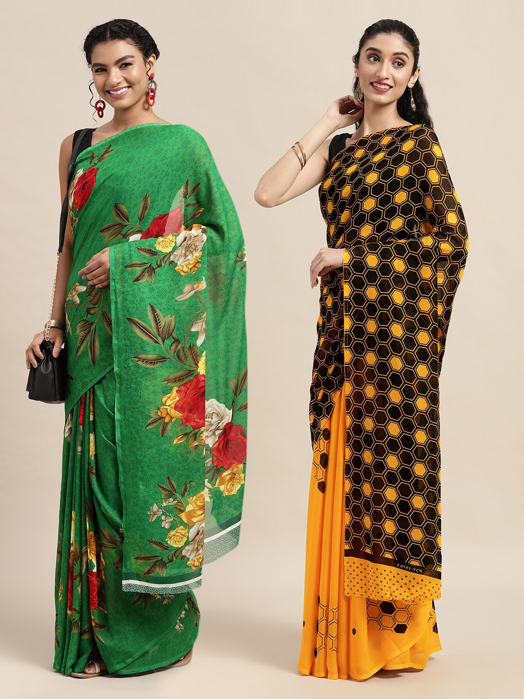 

KALINI Pack of 2 Black & Green Floral Georgette Sarees