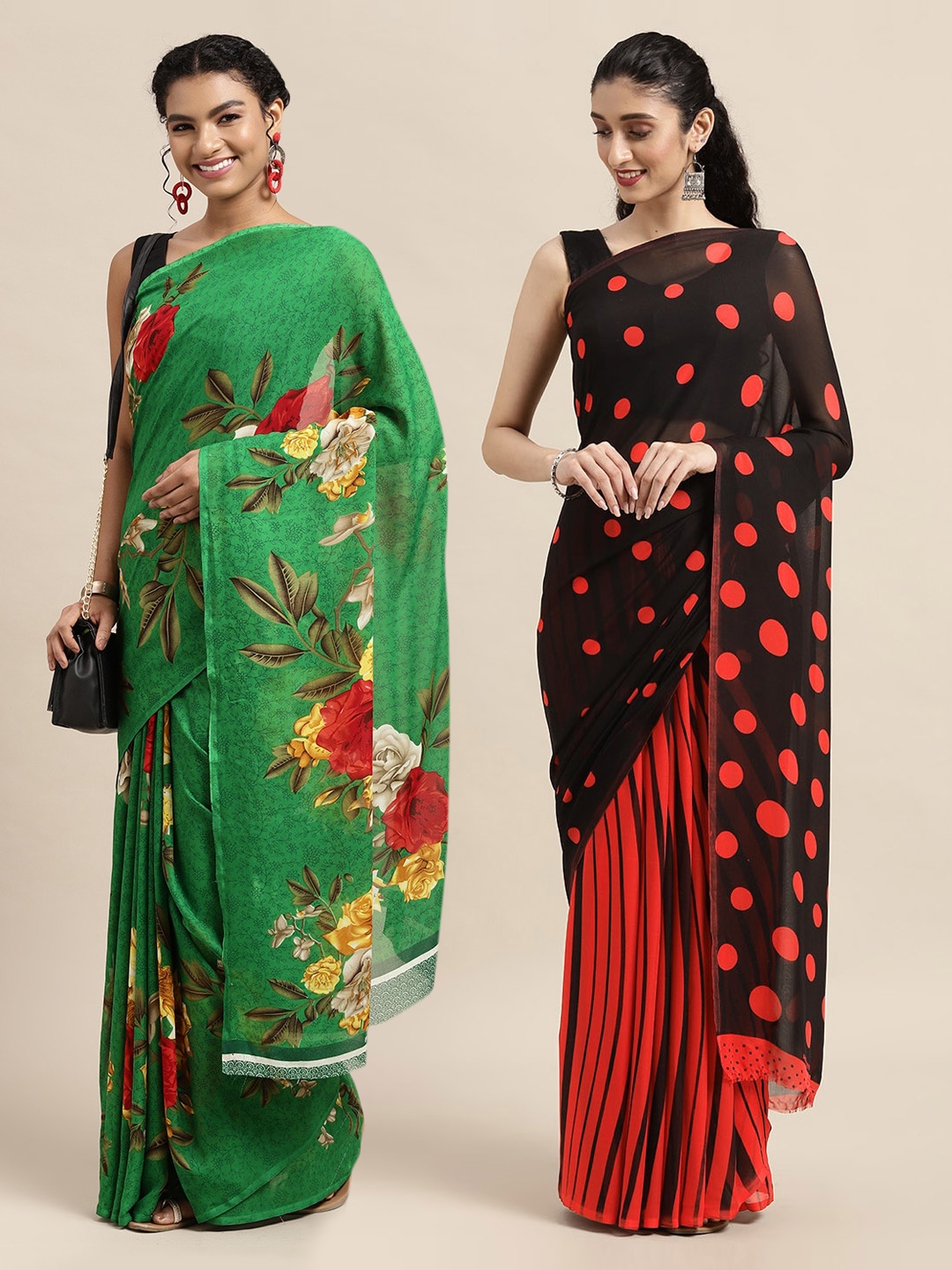 

KALINI Green & Red Set Of 2 Floral Saree