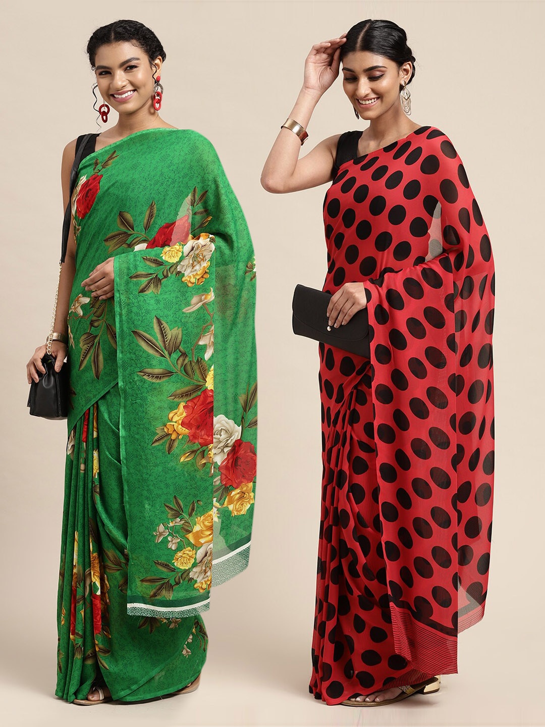 

KALINI Green & Red Set of 2 Floral Printed Georgette Saree