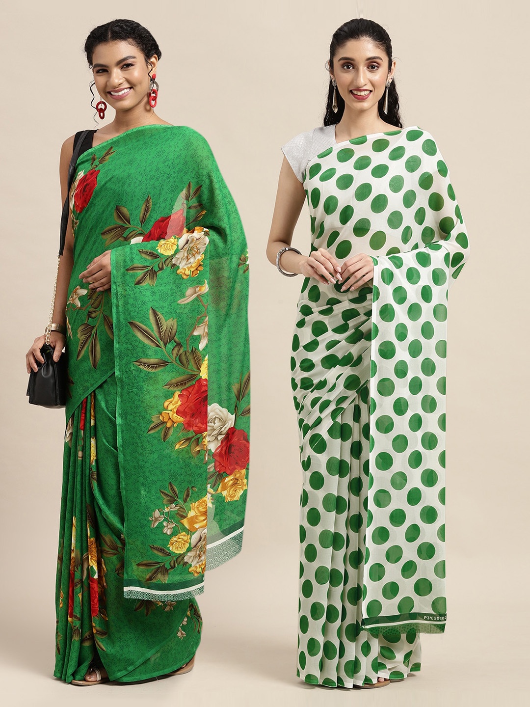 

KALINI Green & White Floral Printed Poly-Georgette Saree Pack Of 2