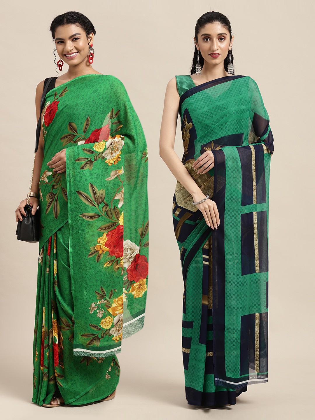 

KALINI Pack of 2 Green & Red Floral Georgette Sarees