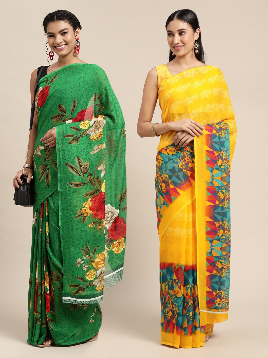 

KALINI Green & Red Floral Printed Poly-Georgette Saree Pack Of 2
