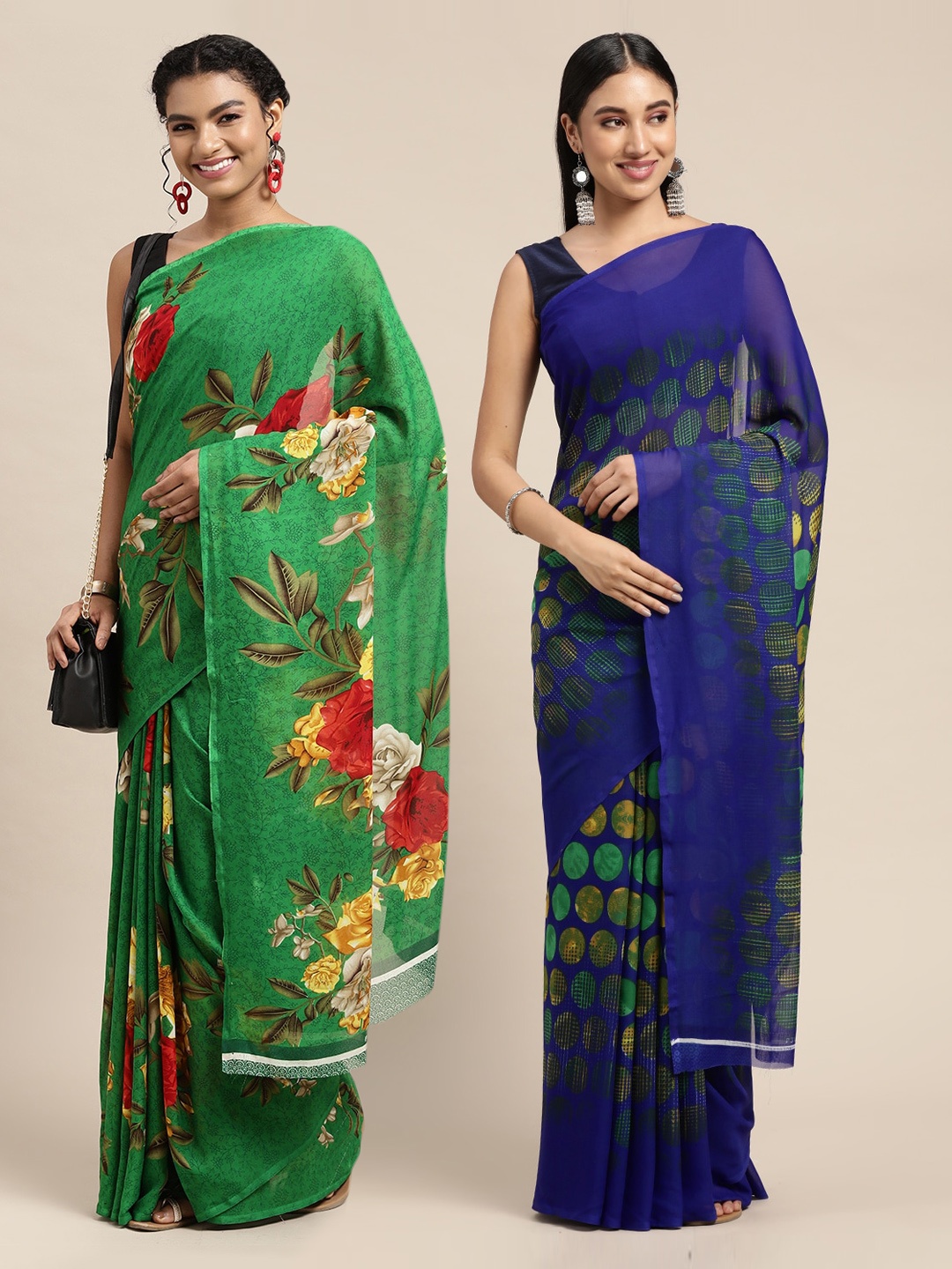 

KALINI Pack of 2 Green & Blue Floral Sarees