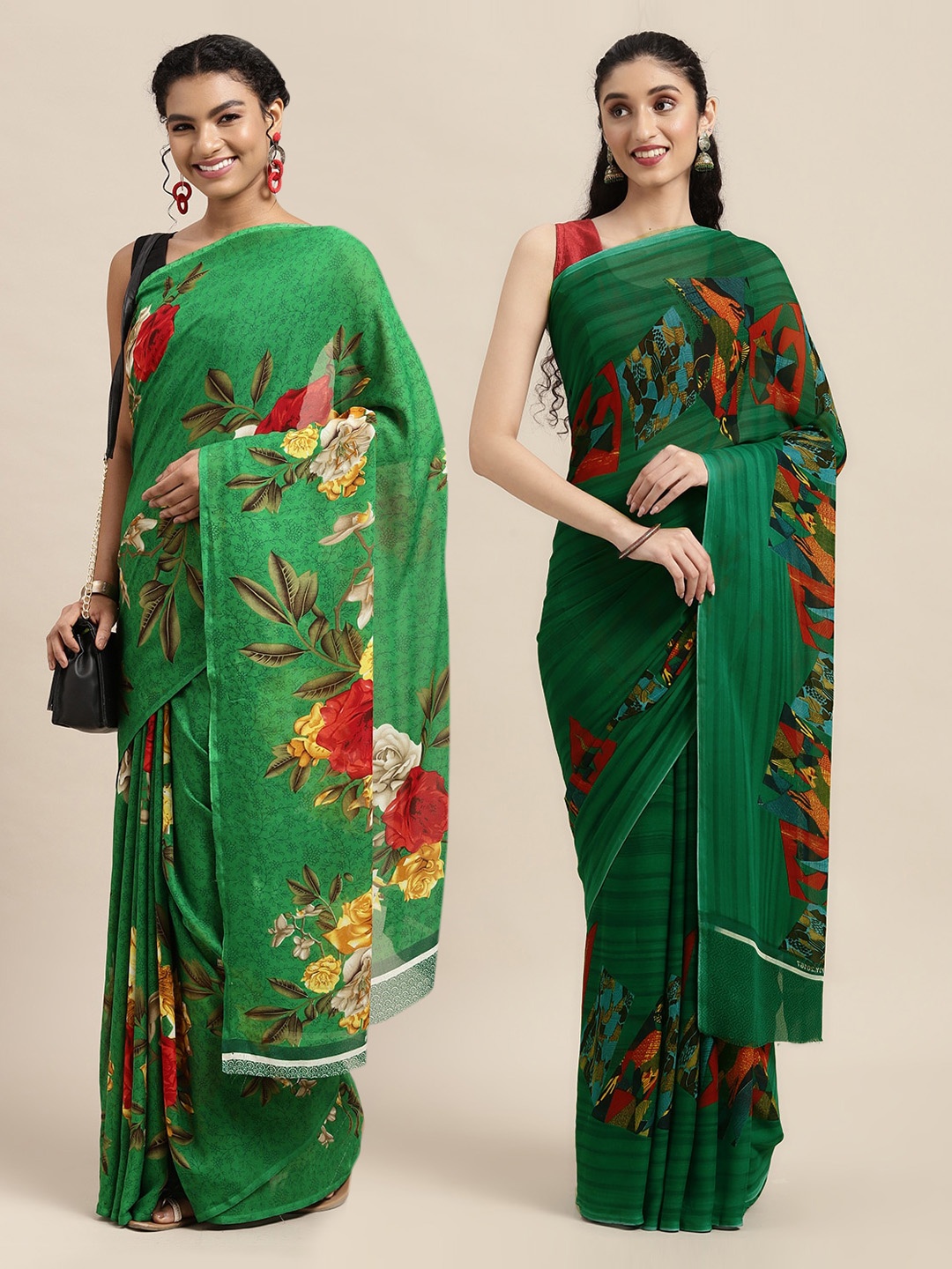 

KALINI Pack of 2 Green & Red Printed Sarees