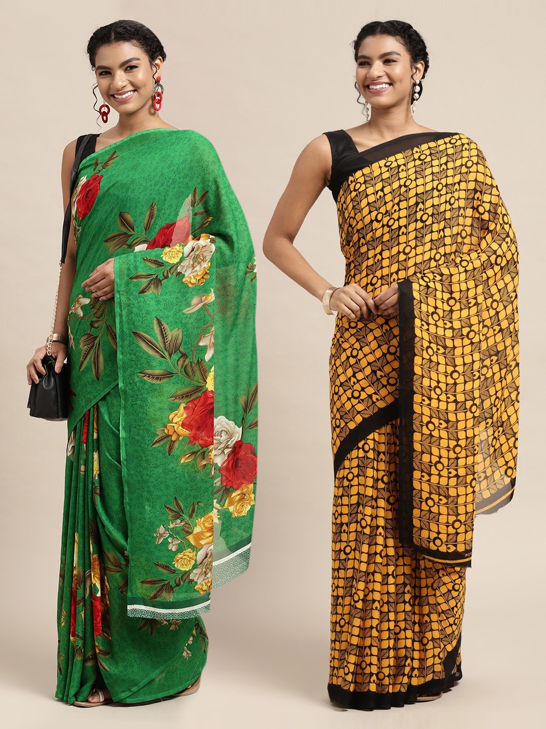 

KALINI Set Of 2 Mustard & Green Floral Saree