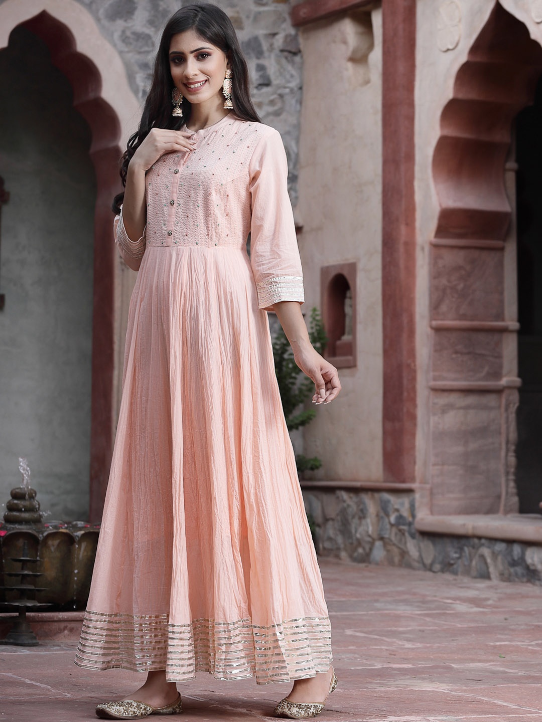 

Juniper Women Peach-Coloured Solid Cotton Flared Kurta