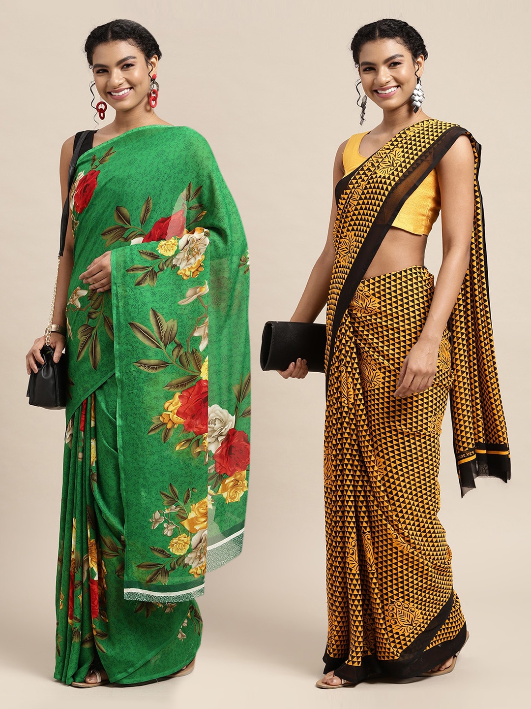 

KALINI Green & Yellow Set Of 2 Floral Saree