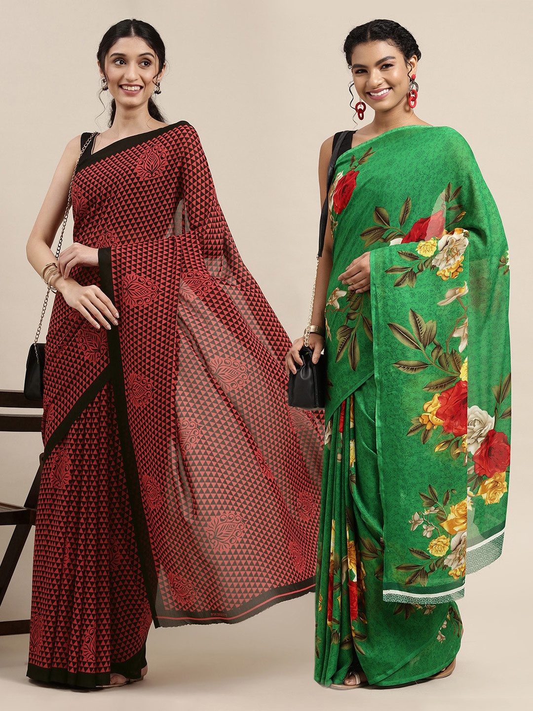 

KALINI Green & Red Set of 2 Floral Printed Georgette Saree