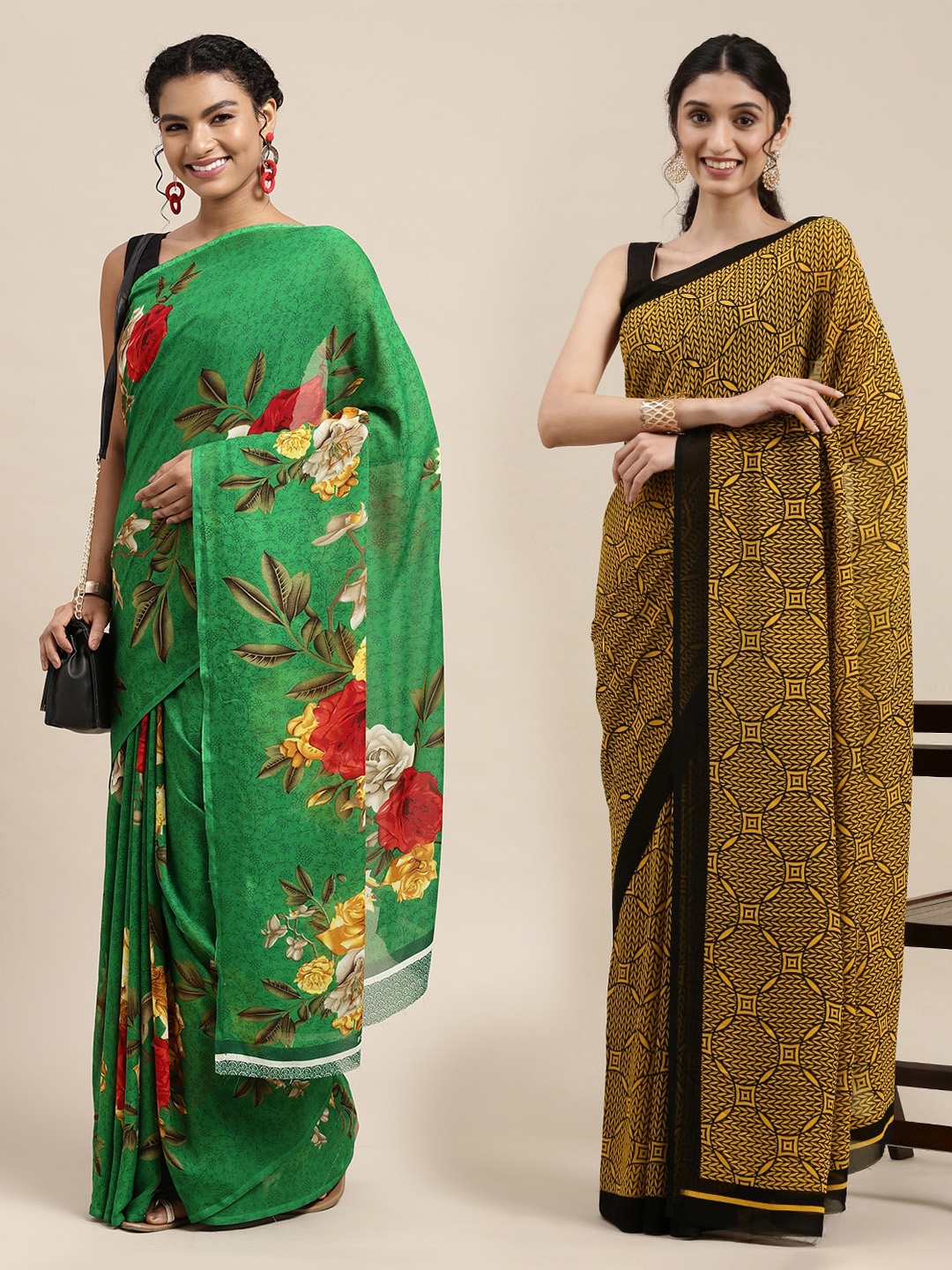 

KALINI Green & Yellow Floral Printed Poly-Georgette Saree Pack Of 2