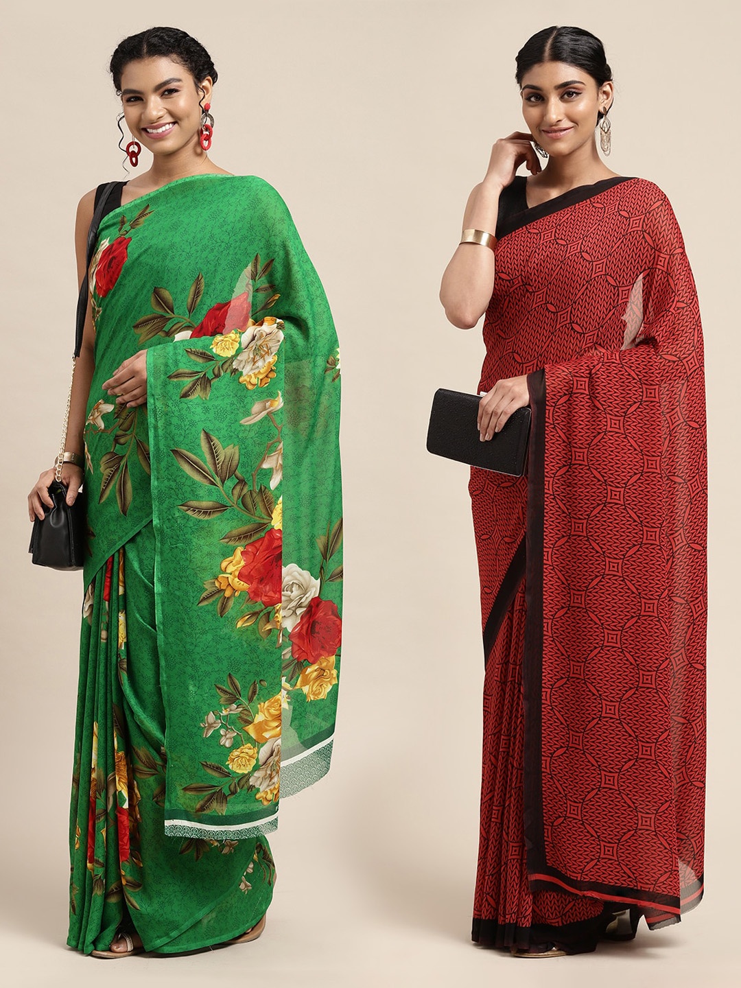 

KALINI Pack of 2 Green & Red Floral Sarees