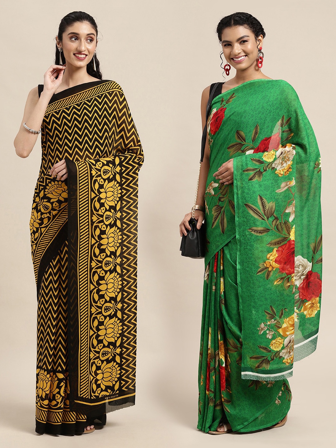 

KALINI Pack Of 2 Black & Yellow Printed Saree
