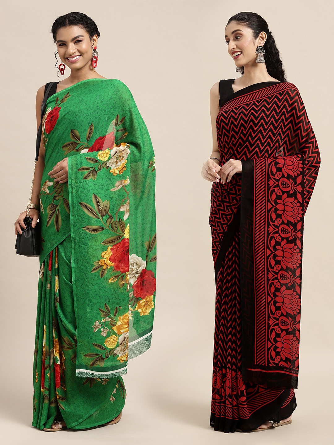 

KALINI Pack of 2 Green & Red Printed Sarees