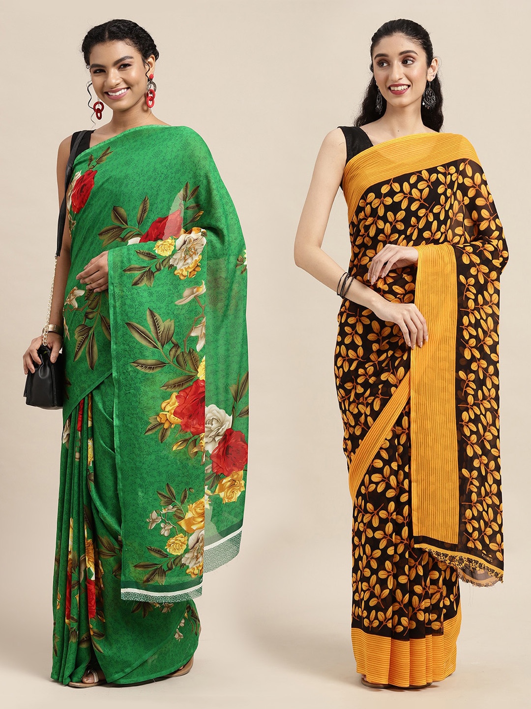 

KALINI Pack Of 2 Green & Black Floral Saree