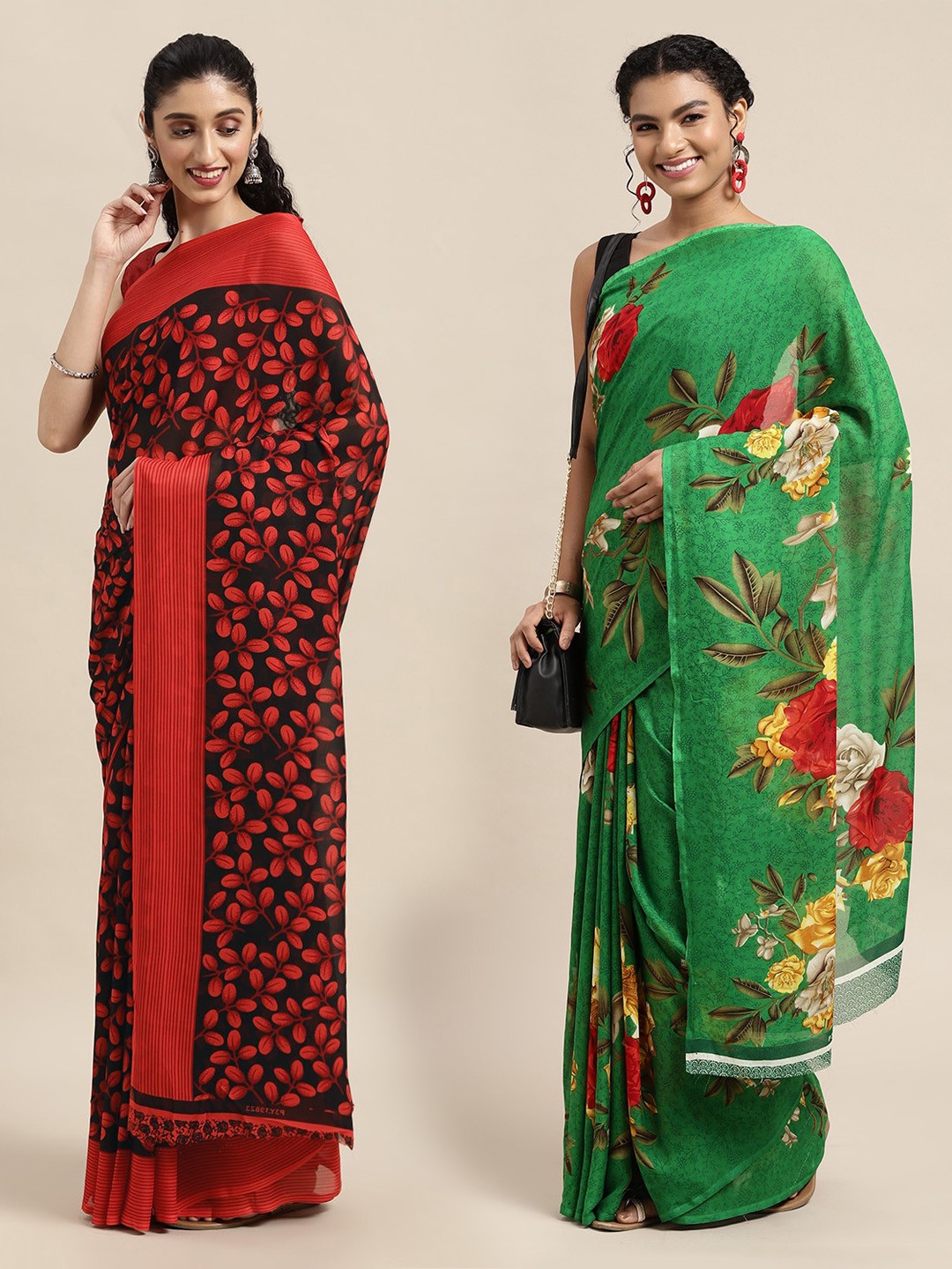 

KALINI Set Of 2 Black & Green Floral Saree