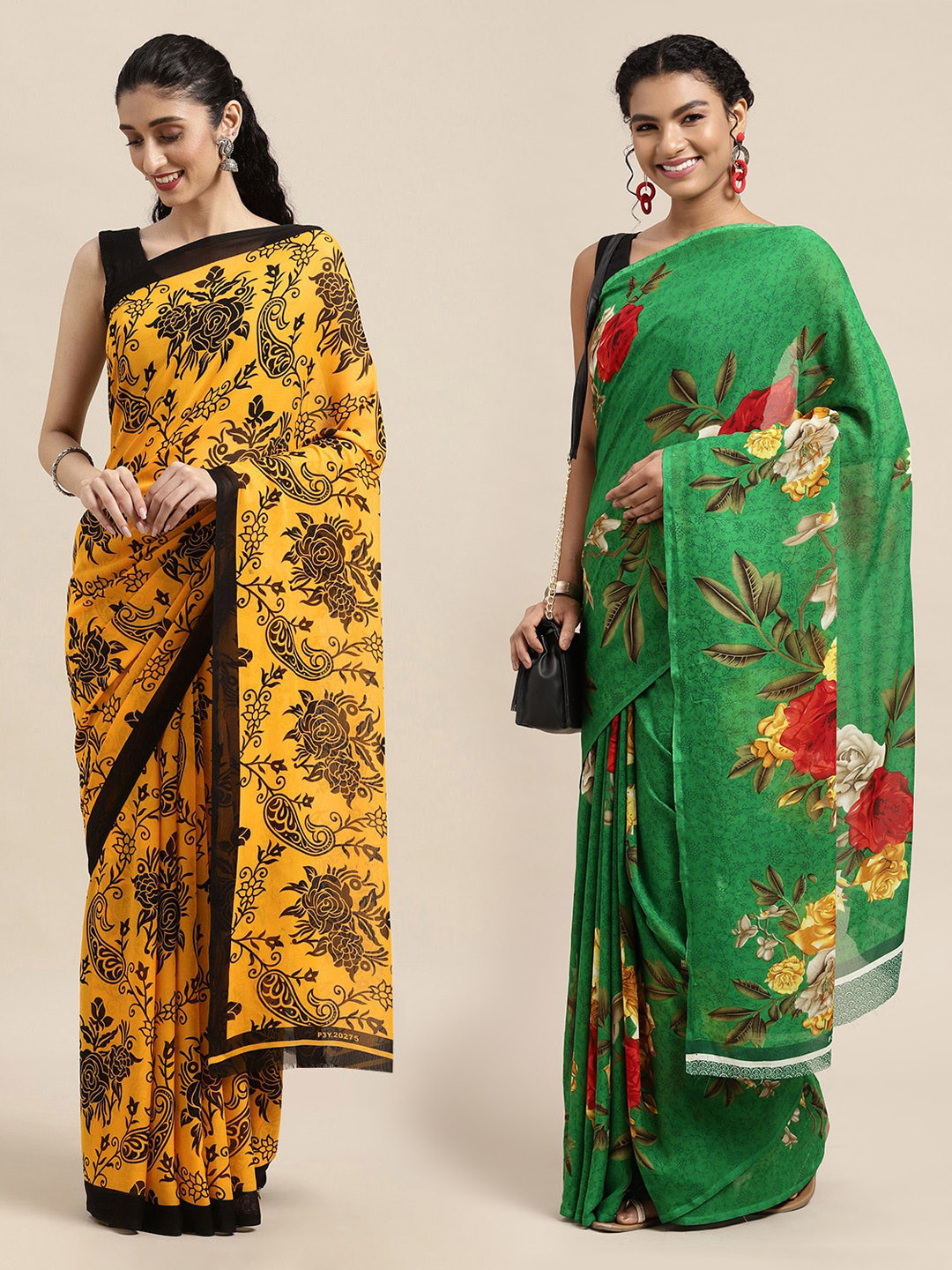 

KALINI Pack of 2 Yellow & Green Floral Georgette Sarees