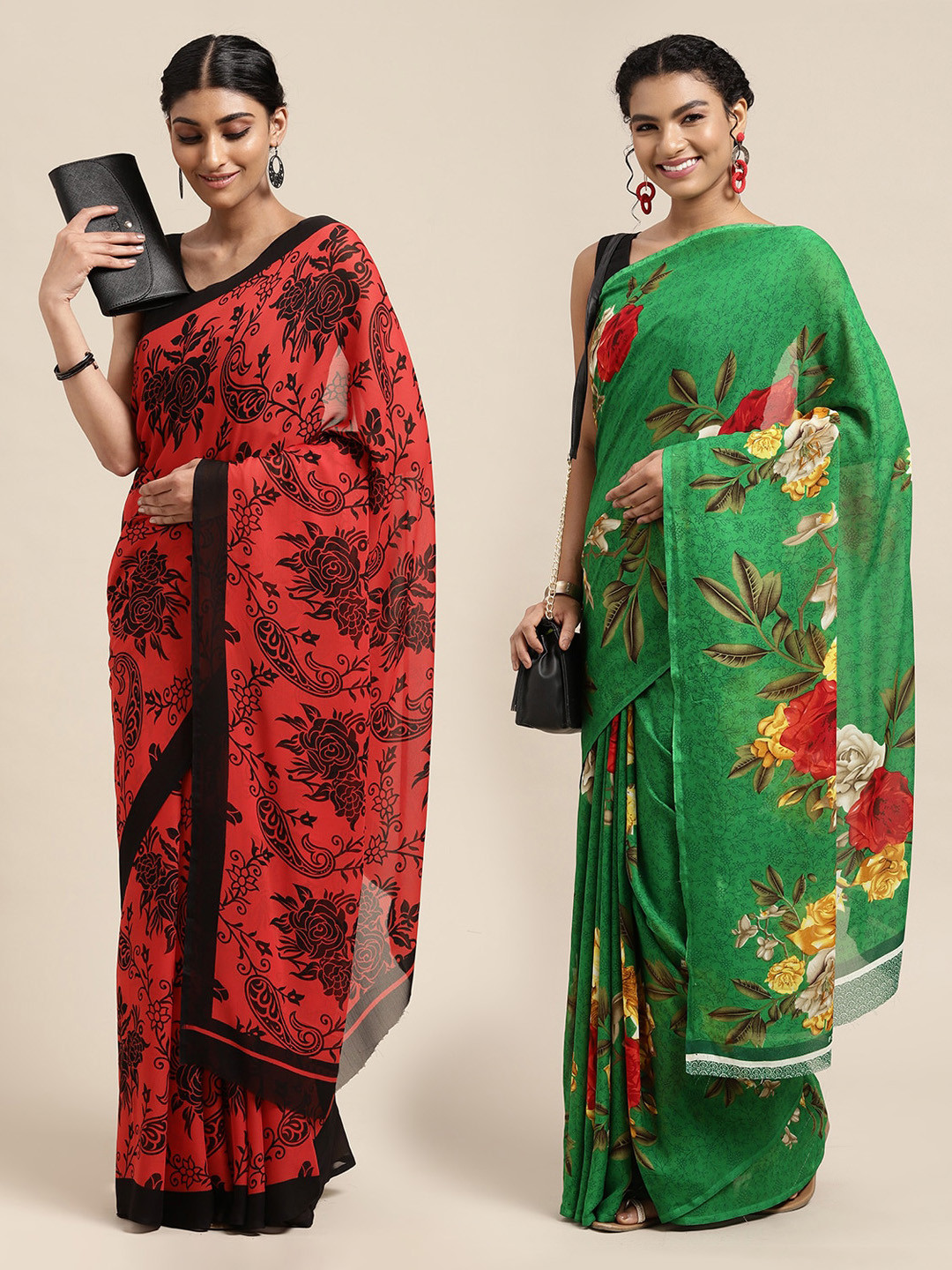 

KALINI Red & Green Set Of 2 Floral Saree