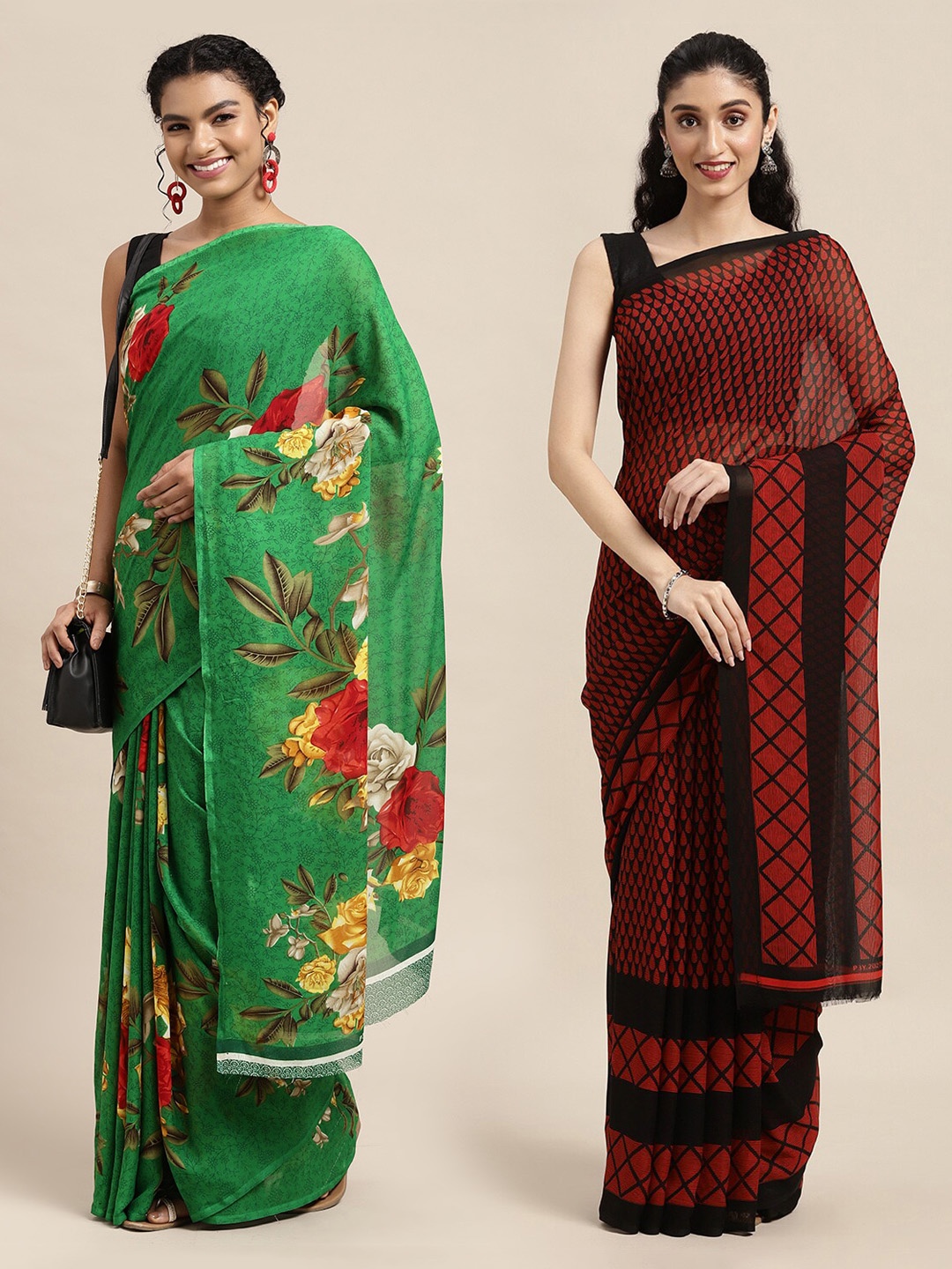 

KALINI Green & Red Floral Printed Poly-Georgette Saree Pack Of 2