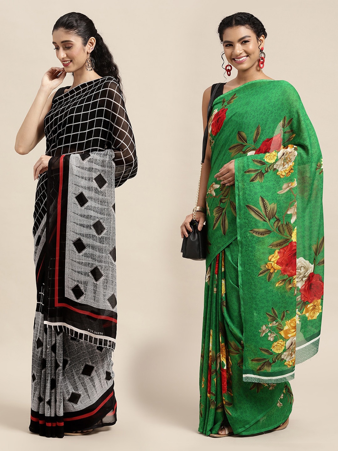 

KALINI Pack of 2 Black & Green Checked Sarees