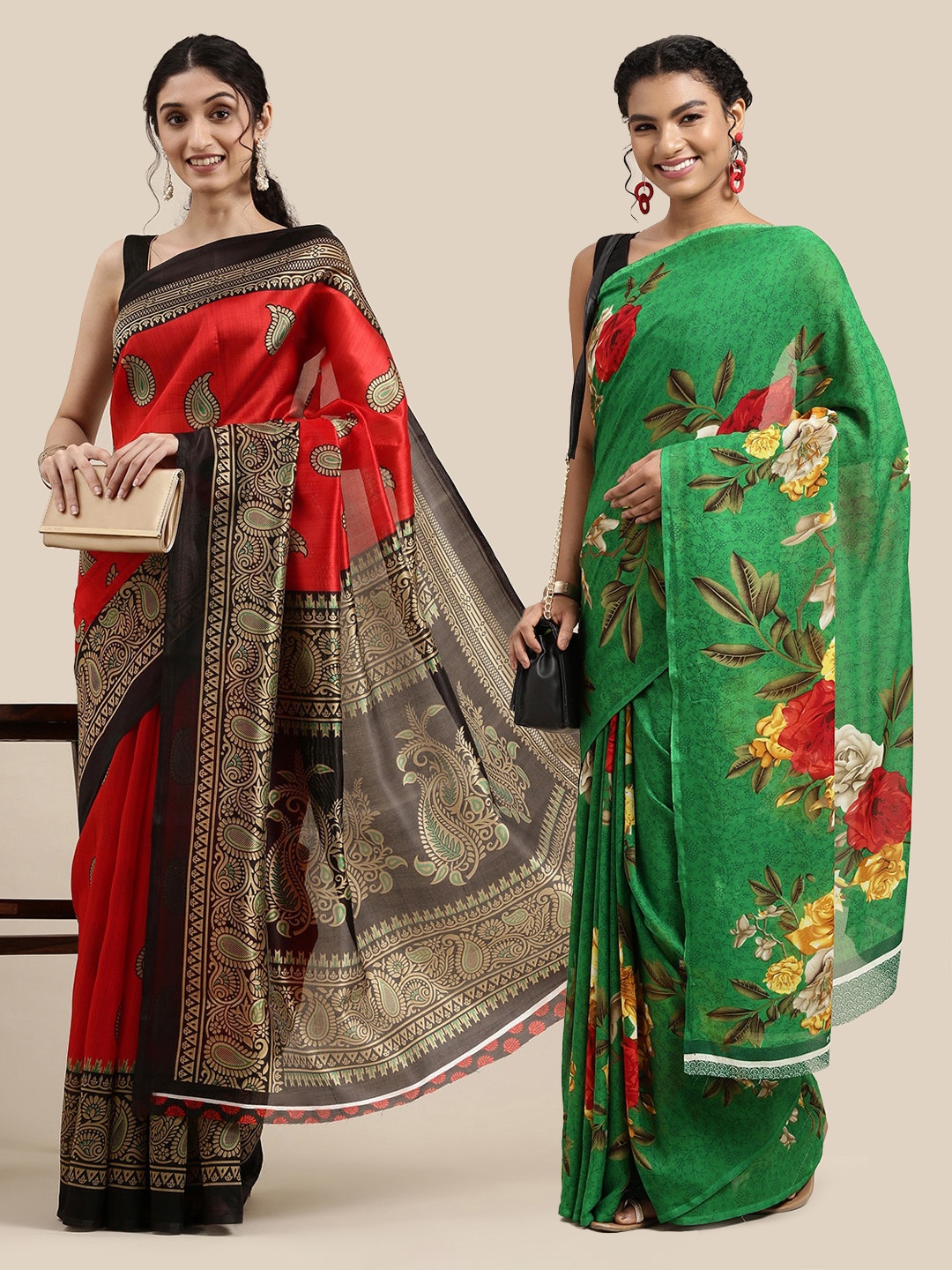 

KALINI Pack of 2 Green & Red Printed Sarees