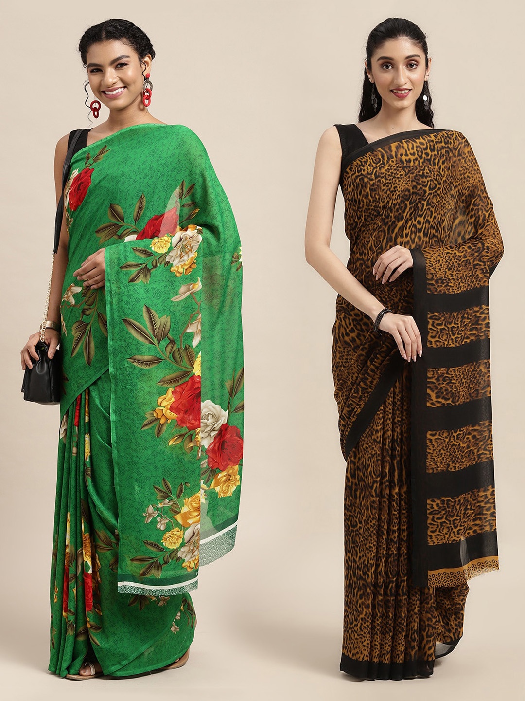 

KALINI Set Of 2 Green & Black Floral Saree