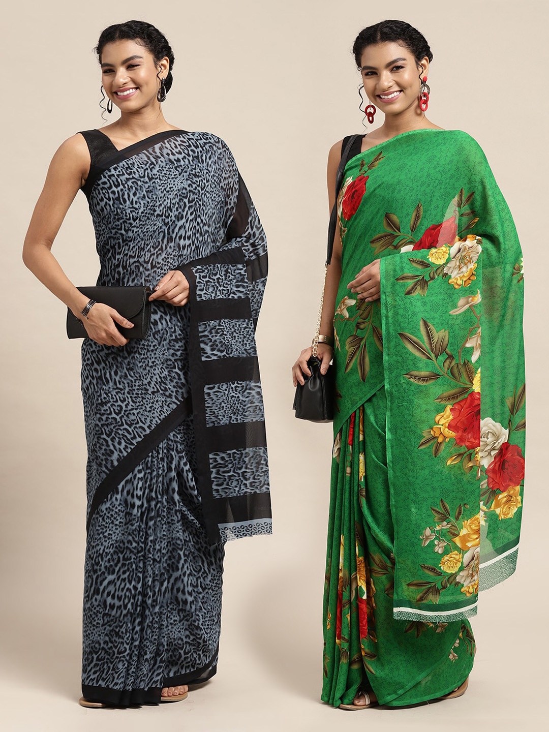 

KALINI Pack of 2 Black & Green Abstract Georgette Sarees