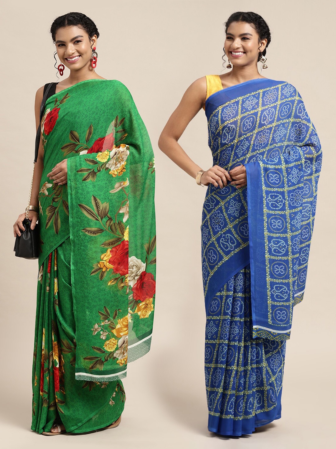 

KALINI Green & Blue Set Of 2 Floral Saree