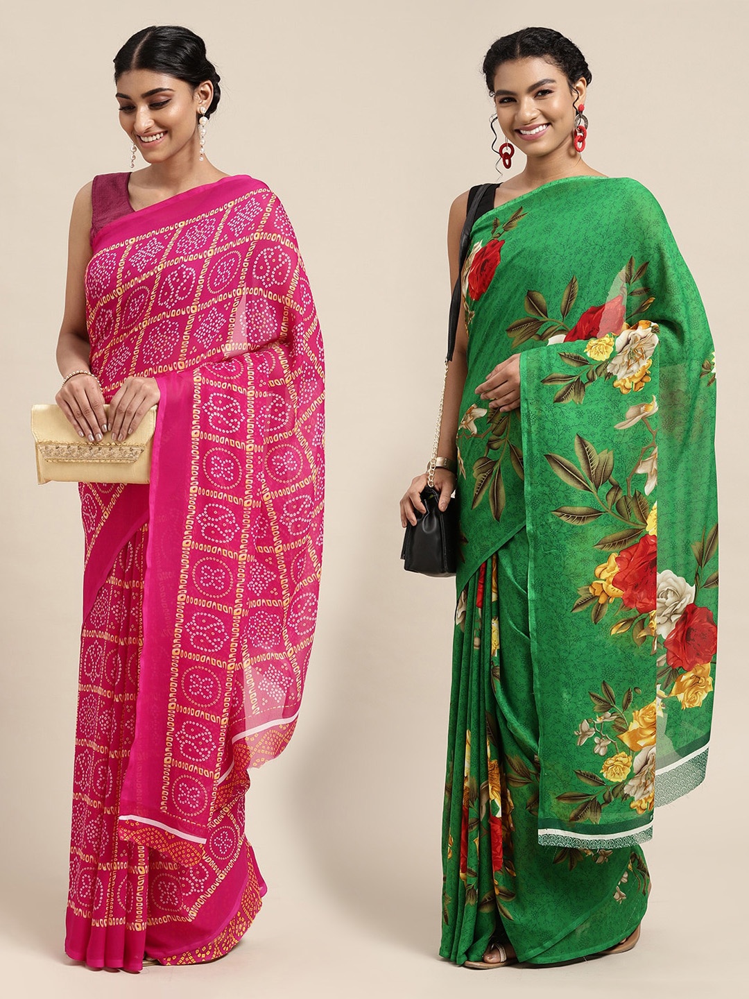 

KALINI Pink & Green Set of 2 Floral Printed Georgette Saree