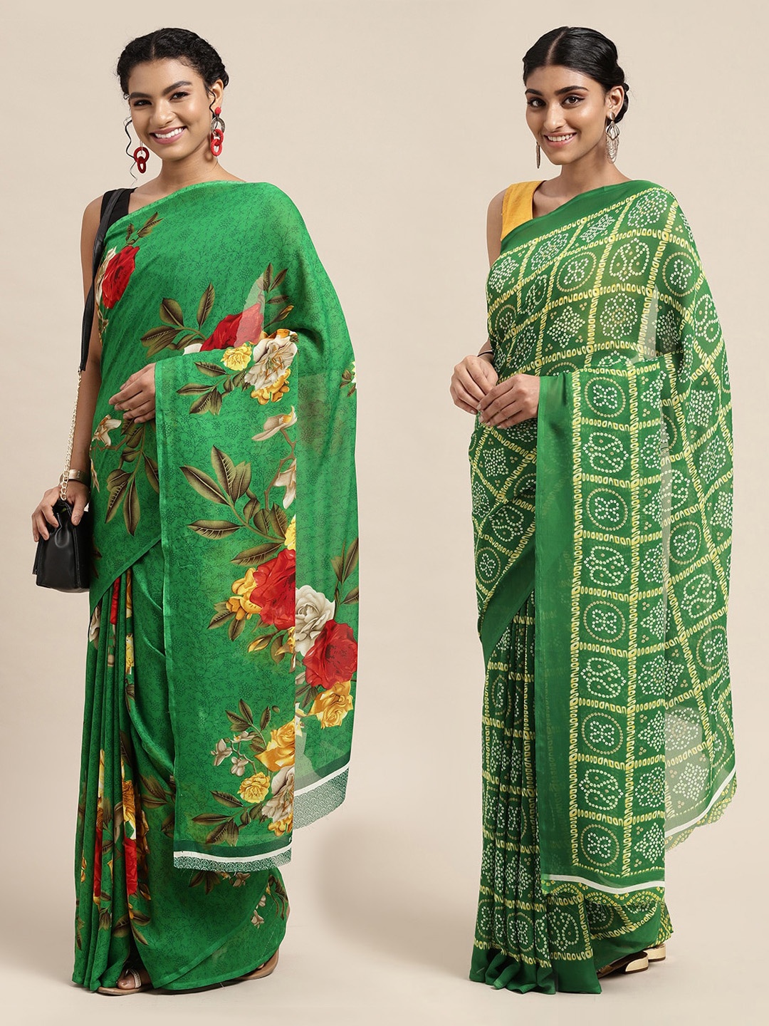 

KALINI Green & Red Floral Printed Poly-Georgette Saree Pack Of 2