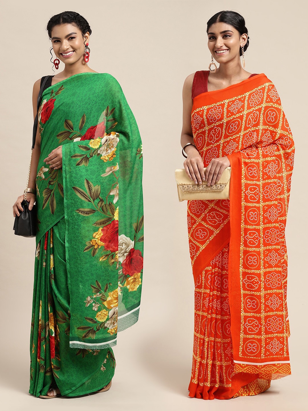 

KALINI Pack of 2 Green & Orange Floral Sarees