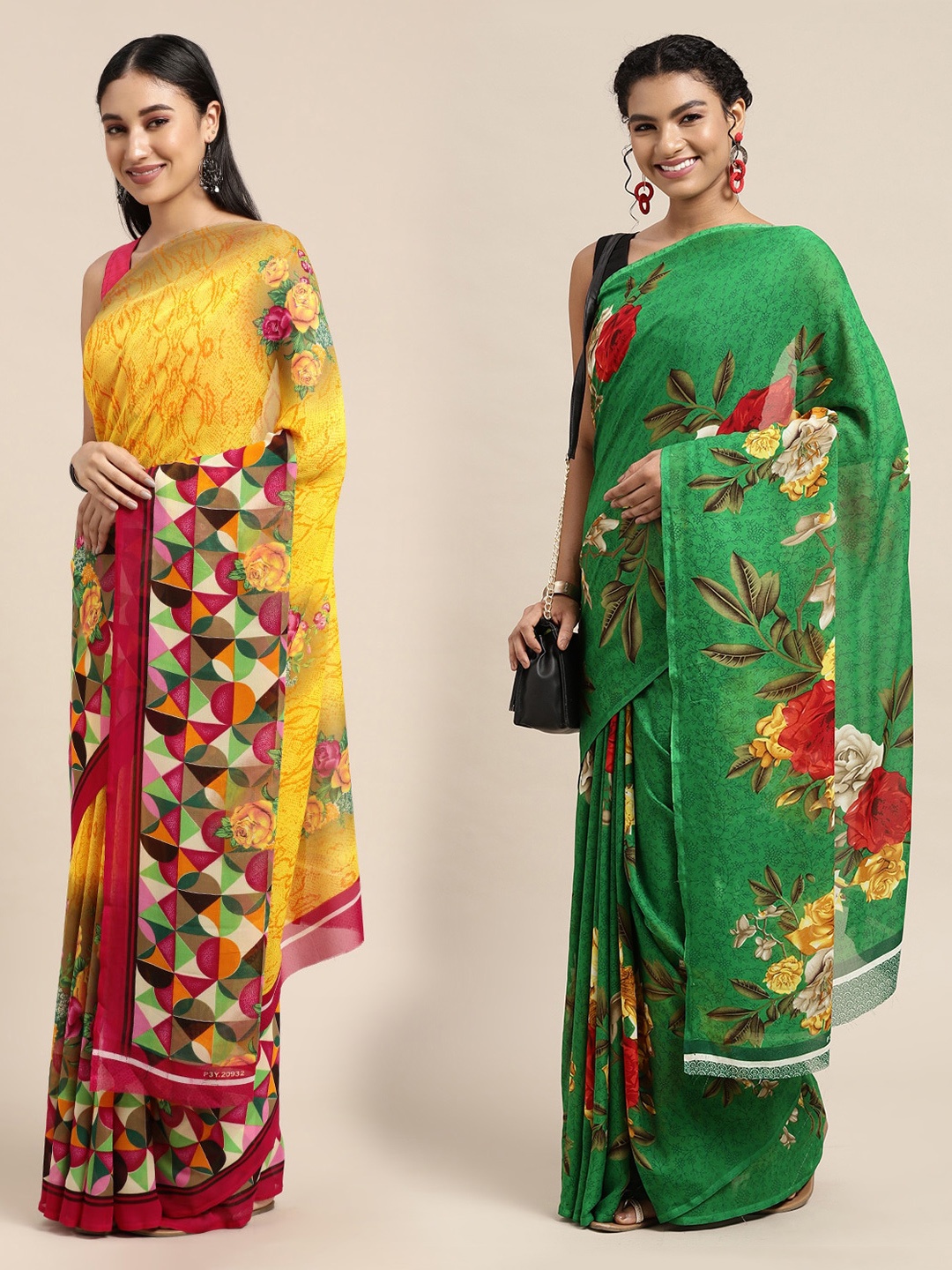 

KALINI Pack of 2 Yellow & Green Printed Sarees