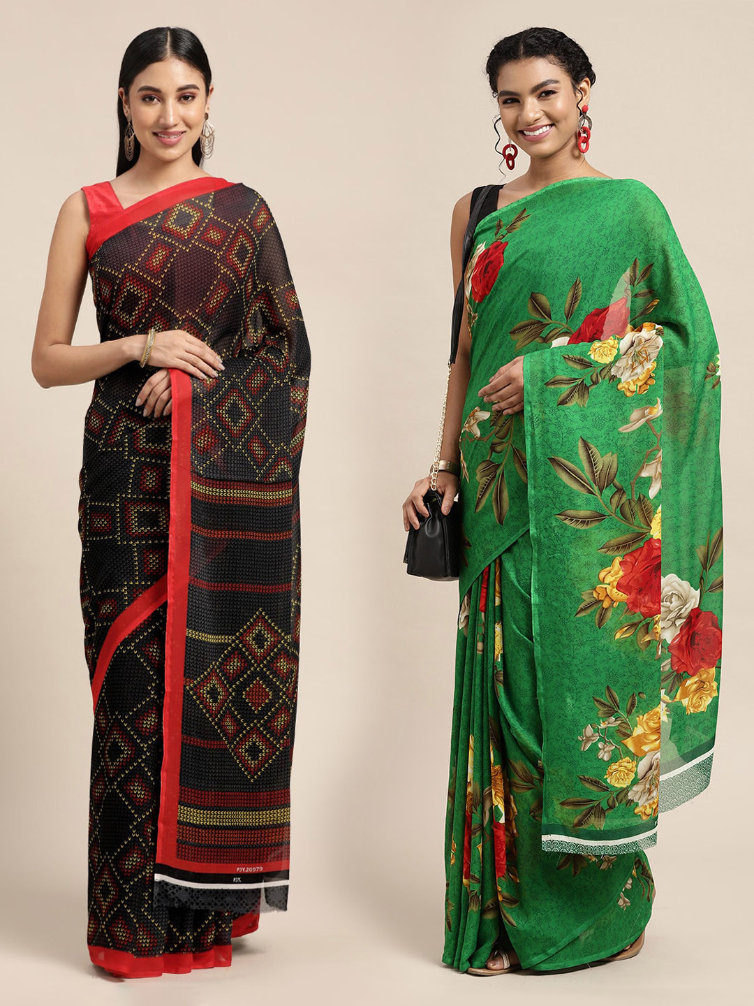 

KALINI Pack Of 2 Navy Blue & Green Printed Saree