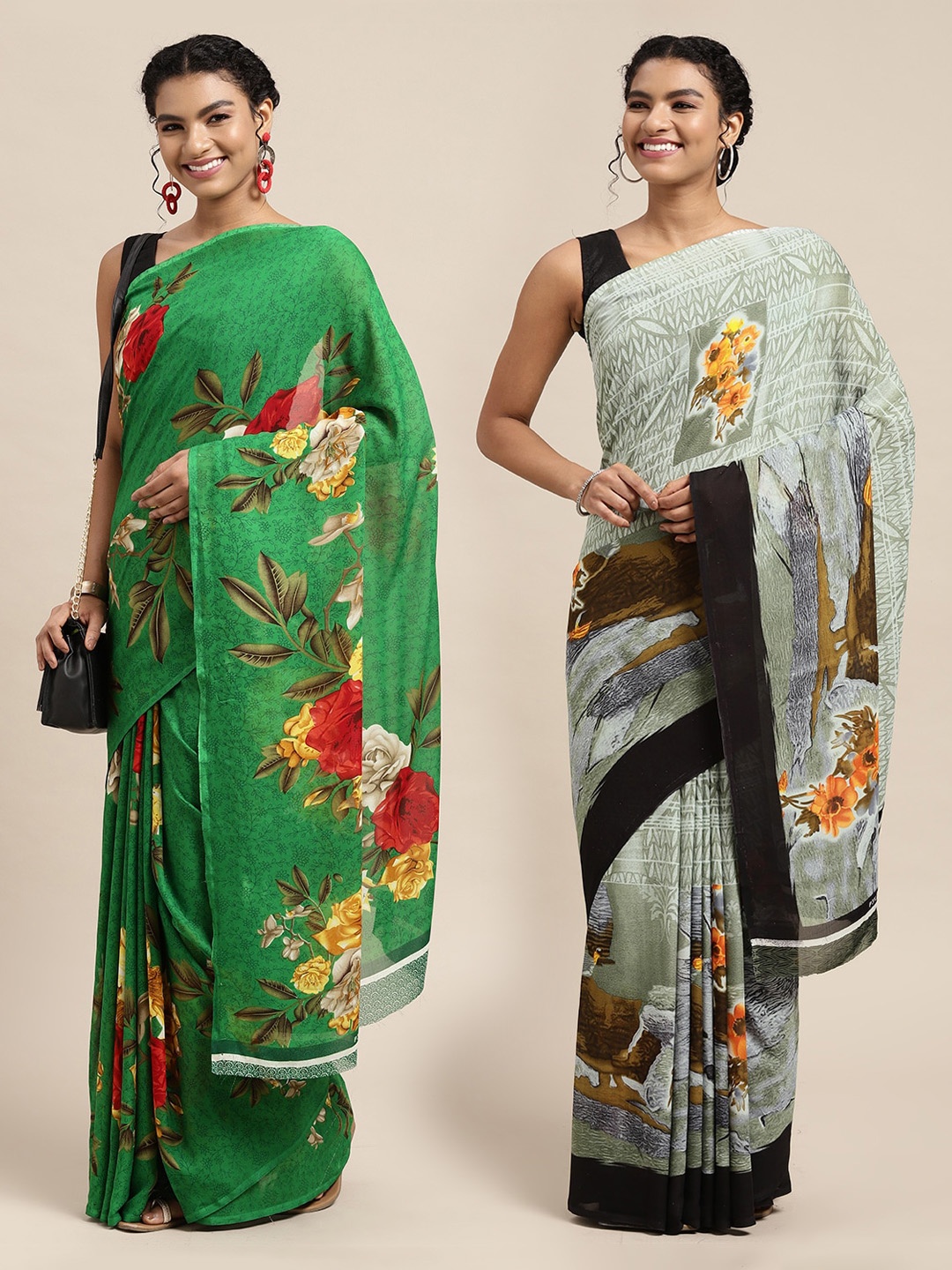 

KALINI Set Of 2 Green & Grey Floral Saree