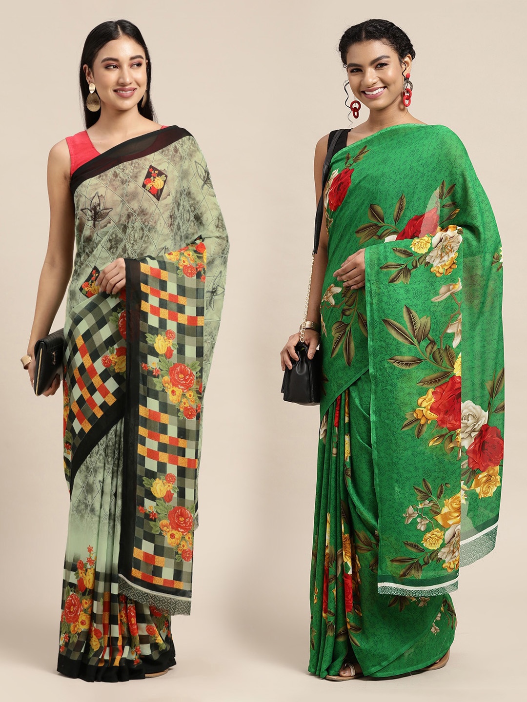 

KALINI Green & Beige Set Of 2 Floral Saree
