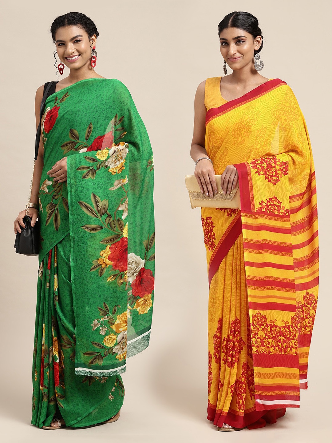 

KALINI Green & Red Floral Printed Poly-Georgette Saree Pack Of 2