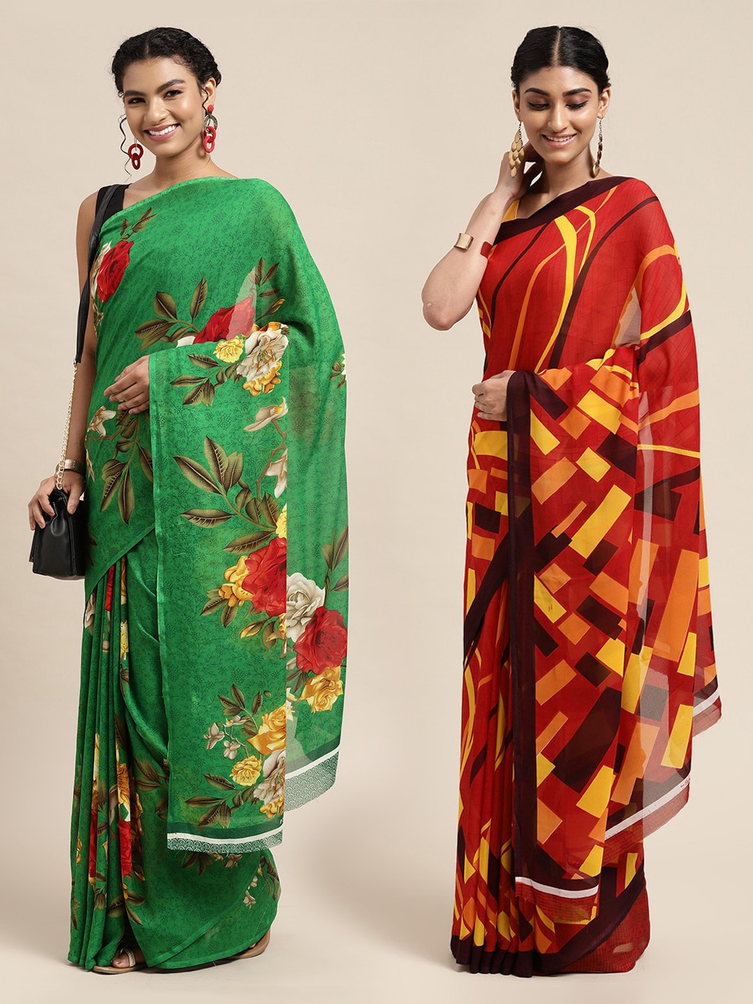 

KALINI Pack of 2 Green & Red Floral Sarees