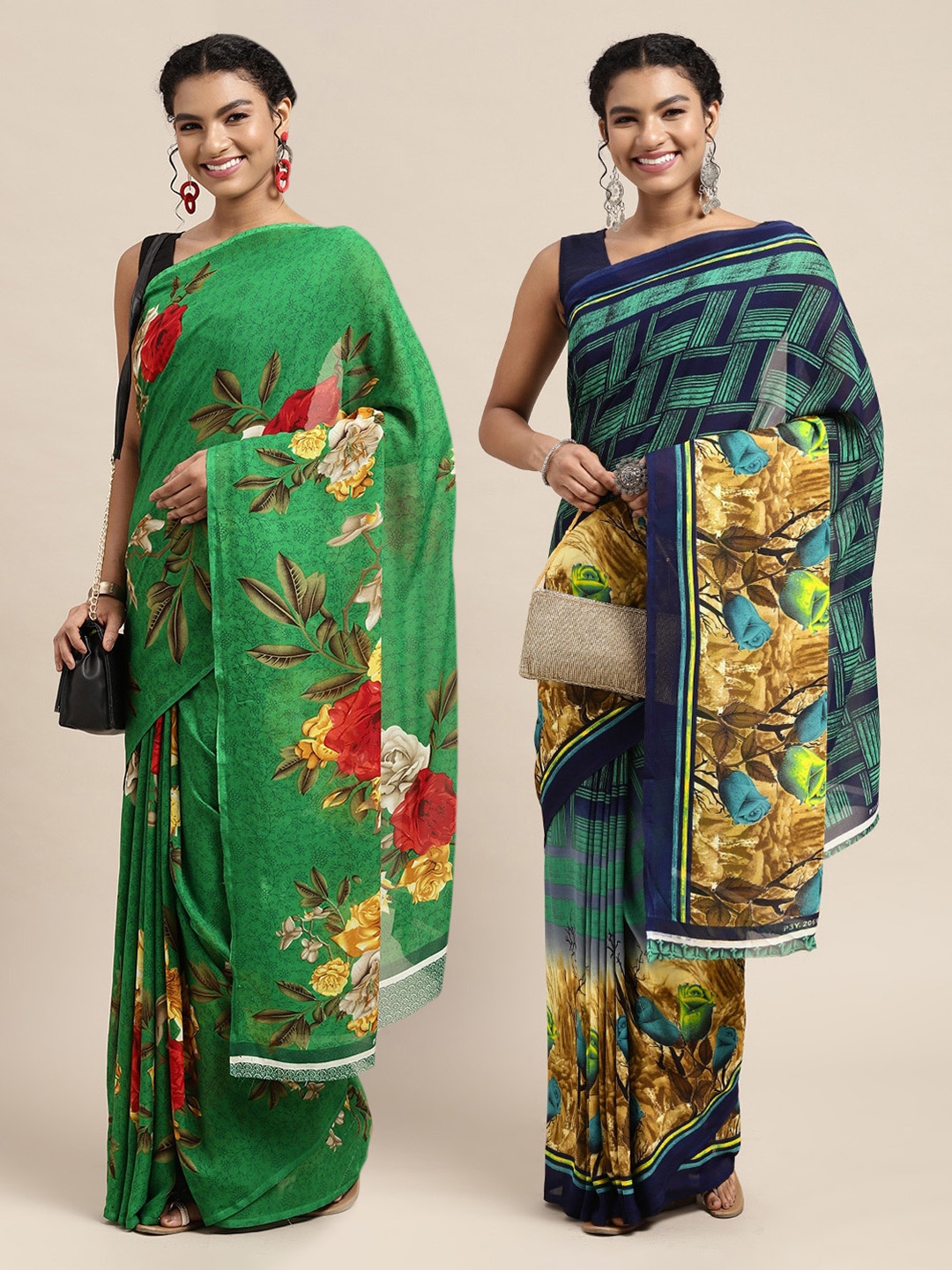 

KALINI Pack of 2 Green & Navy Blue Printed Sarees