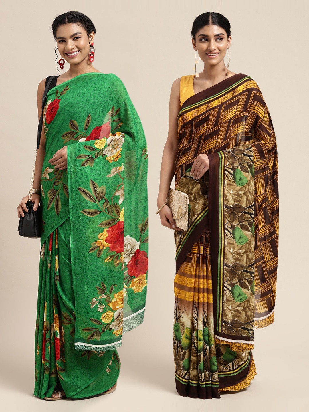 

KALINI Pack Of 2 Green & Brown Floral Printed Saree