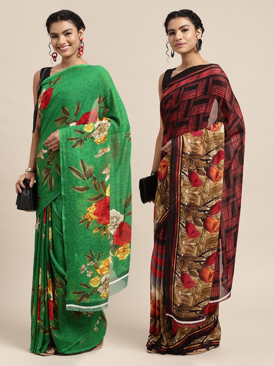 

KALINI Pack of 2 Green & Coral Red Printed Sarees