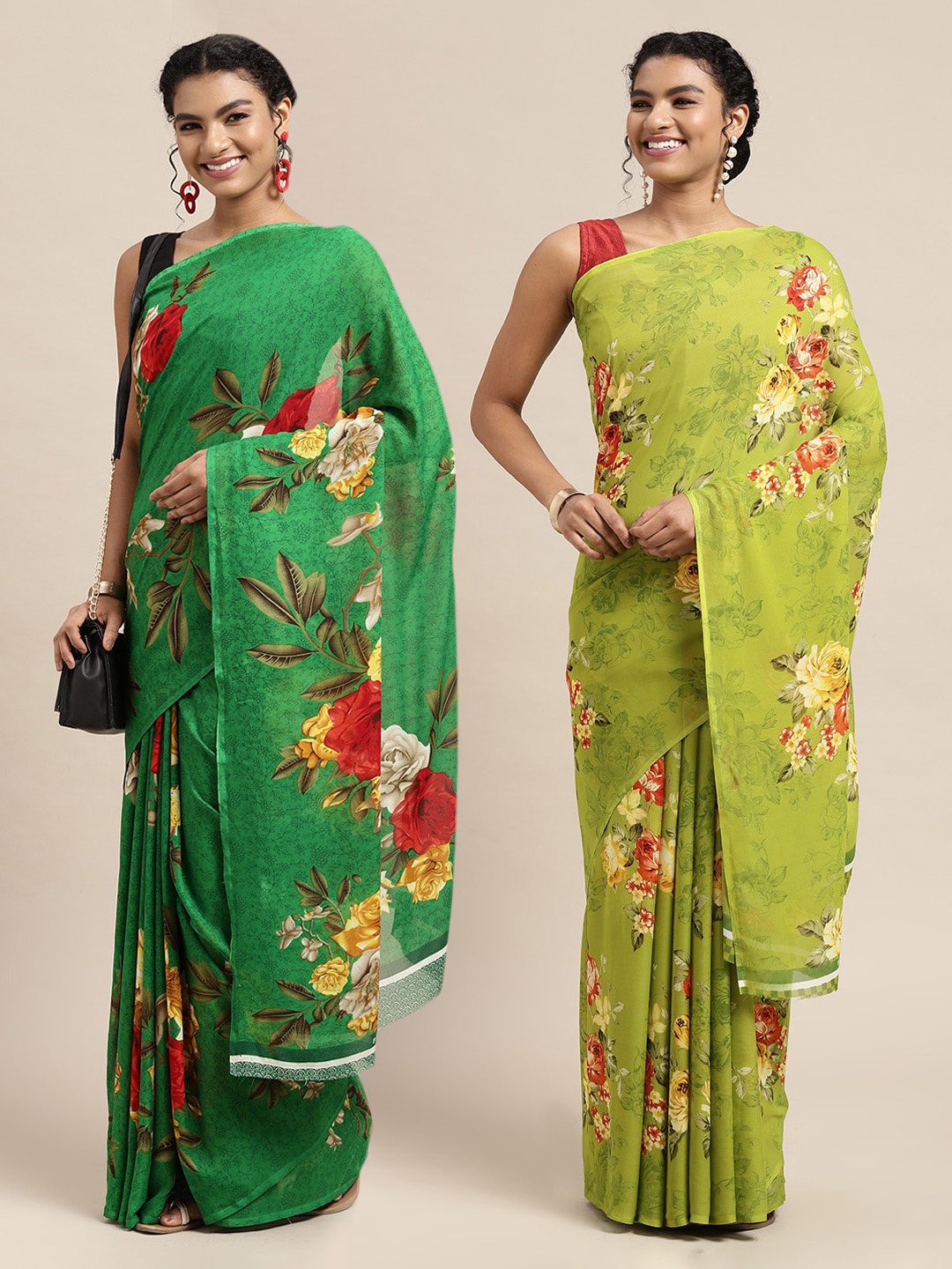 

KALINI Green & Red Set of 2 Floral Printed Pure Georgette Saree