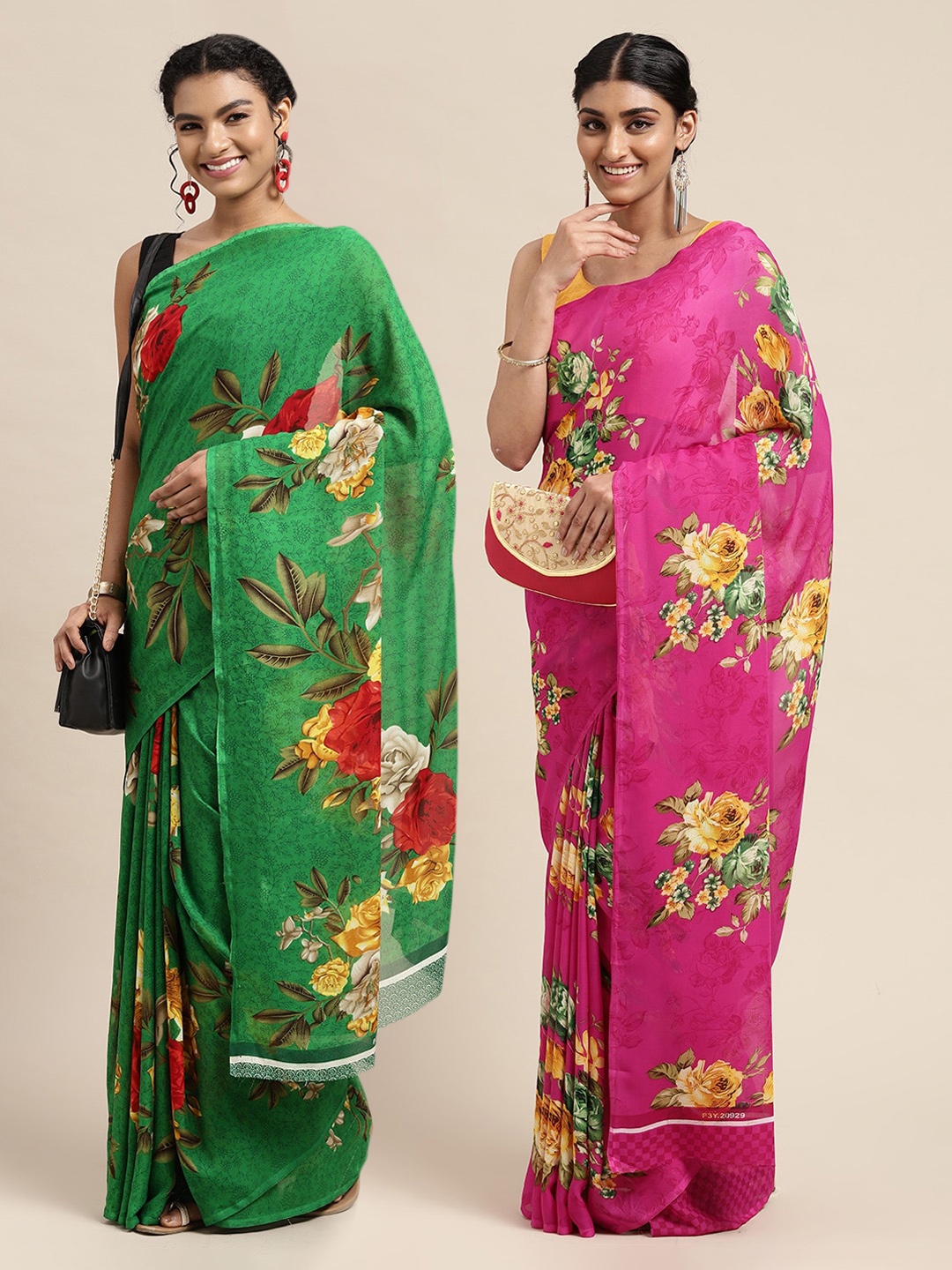 

KALINI Green & Pink Floral Printed Poly-Georgette Saree Pack Of 2