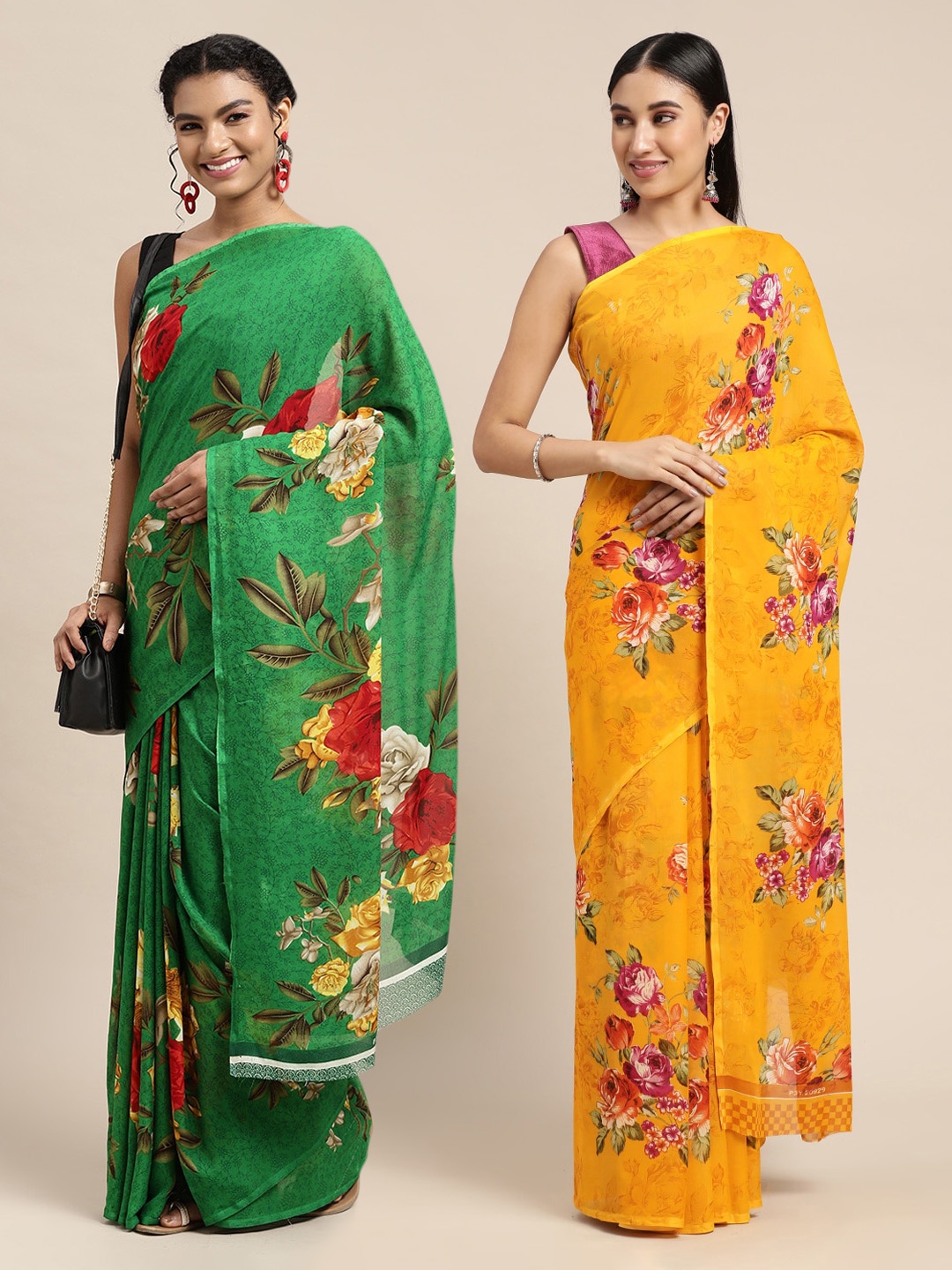 

KALINI Pack of 2 Green & Yellow Floral Sarees