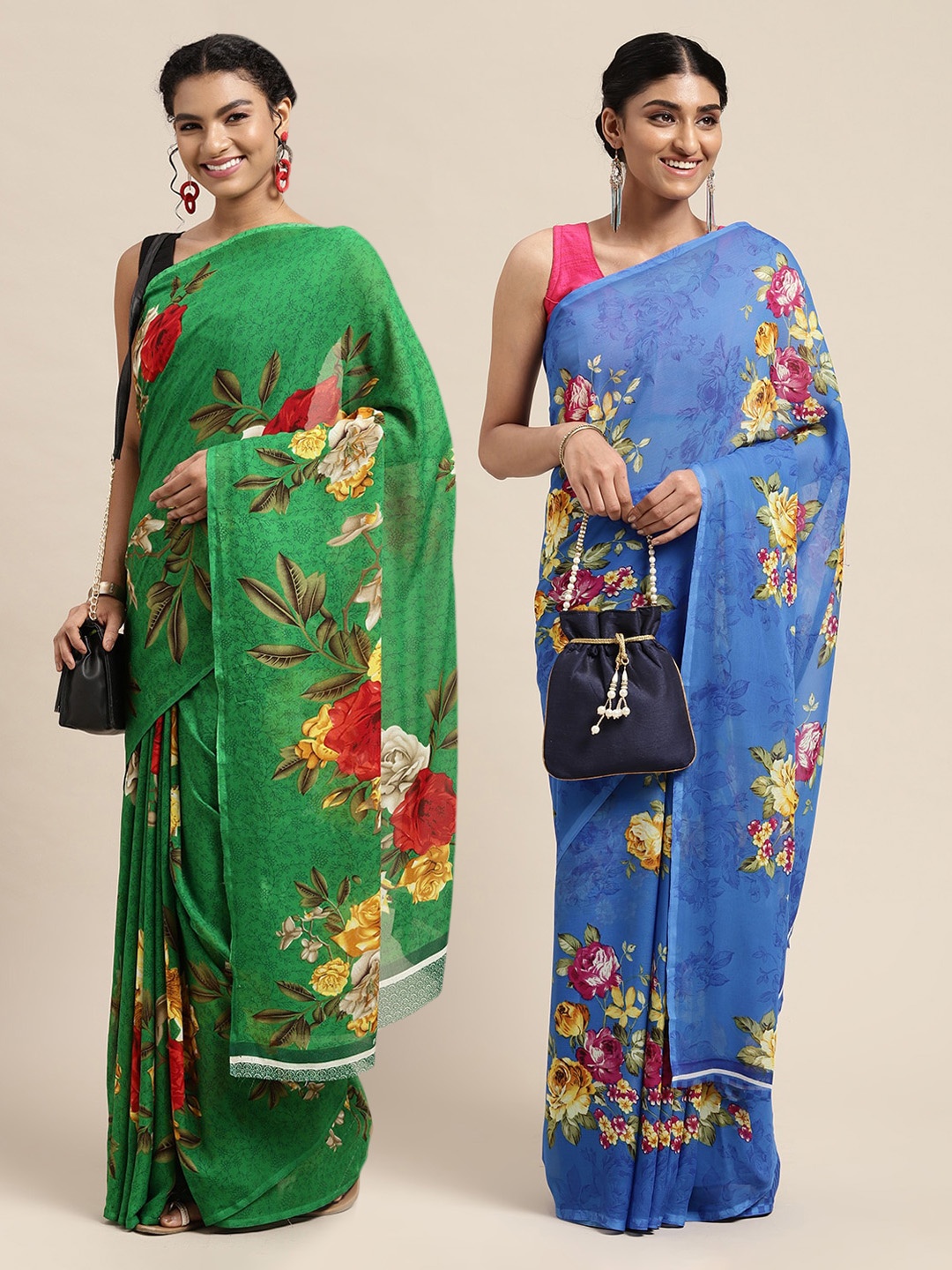 

KALINI Pack Of 2 Green & Blue Floral Printed Saree