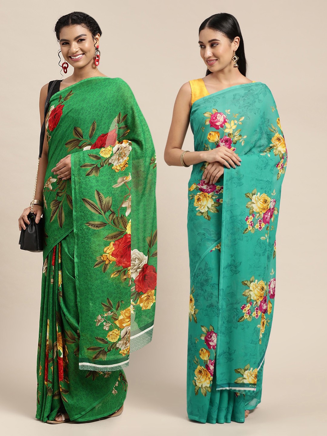 

KALINI Pack of 2 Green & Sea Green Floral Printed Sarees