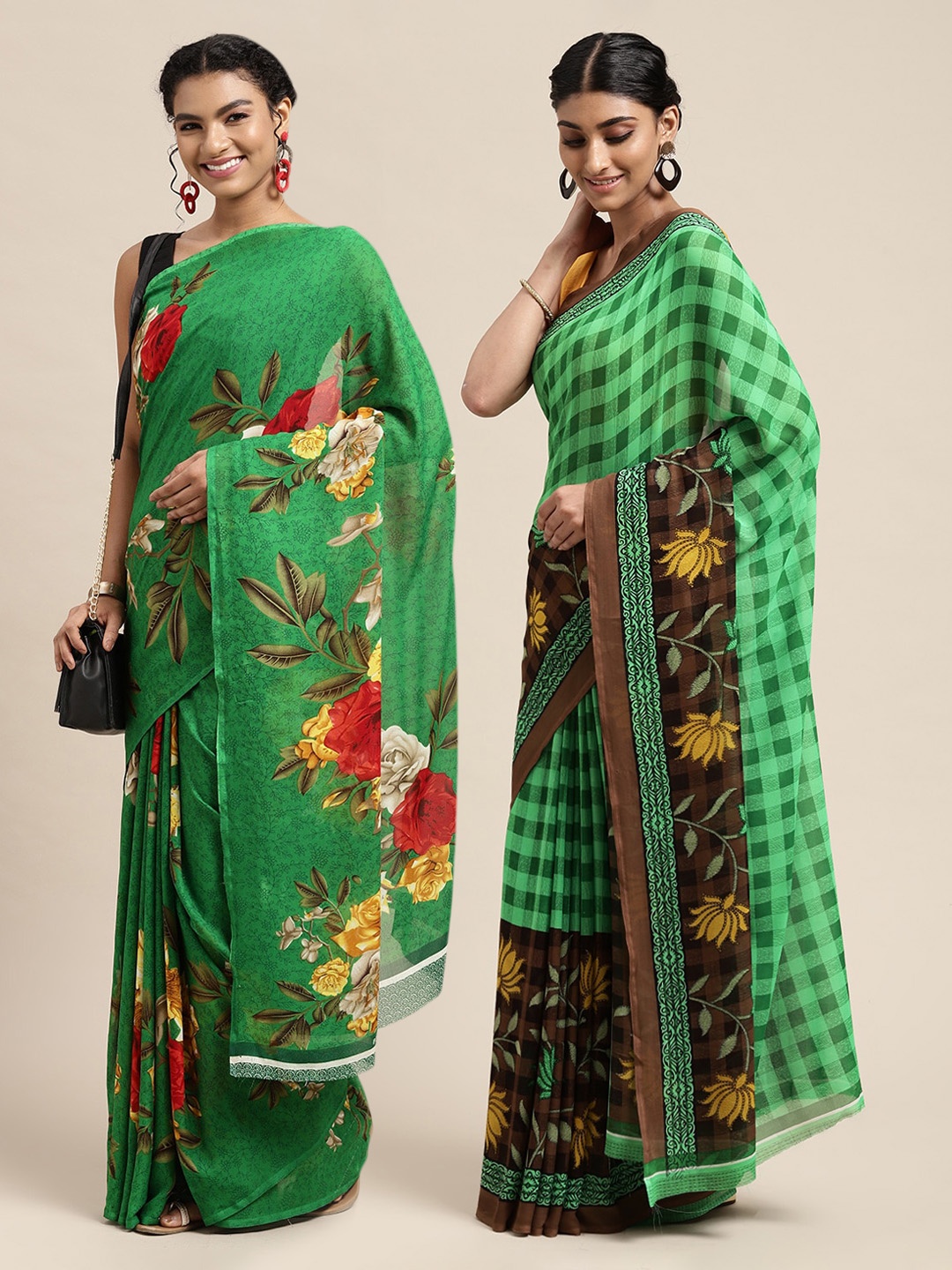 

KALINI Pack Of 2 Green & Red Floral Saree