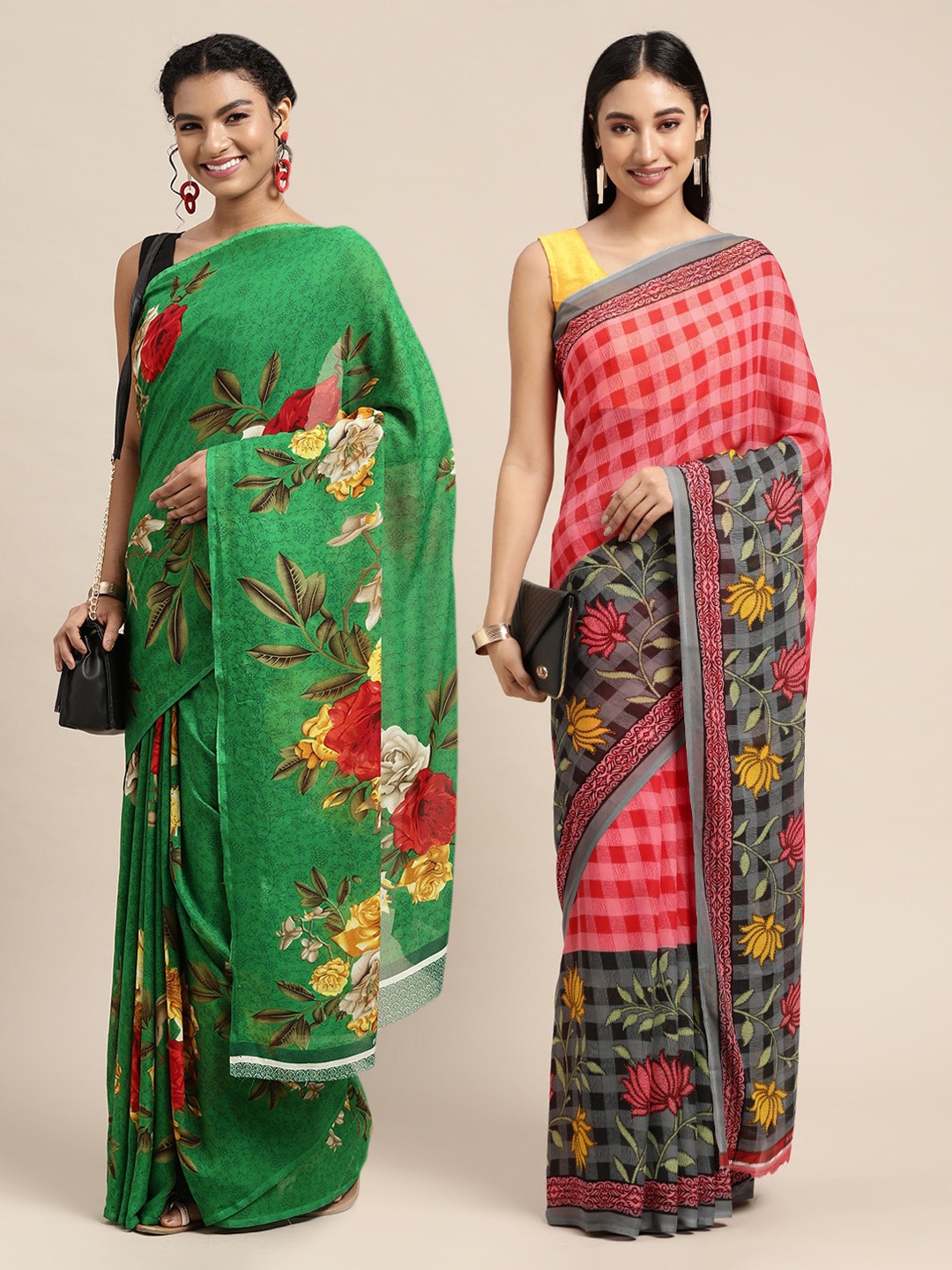 

KALINI Pack of 2 Green & Red Floral Sarees
