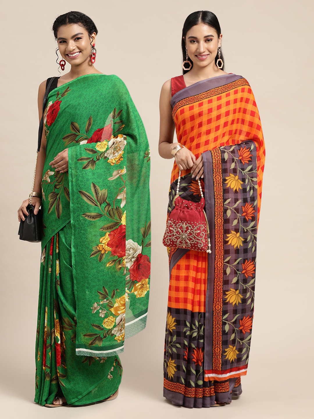 

KALINI Green & Red Set Of 2 Floral Saree